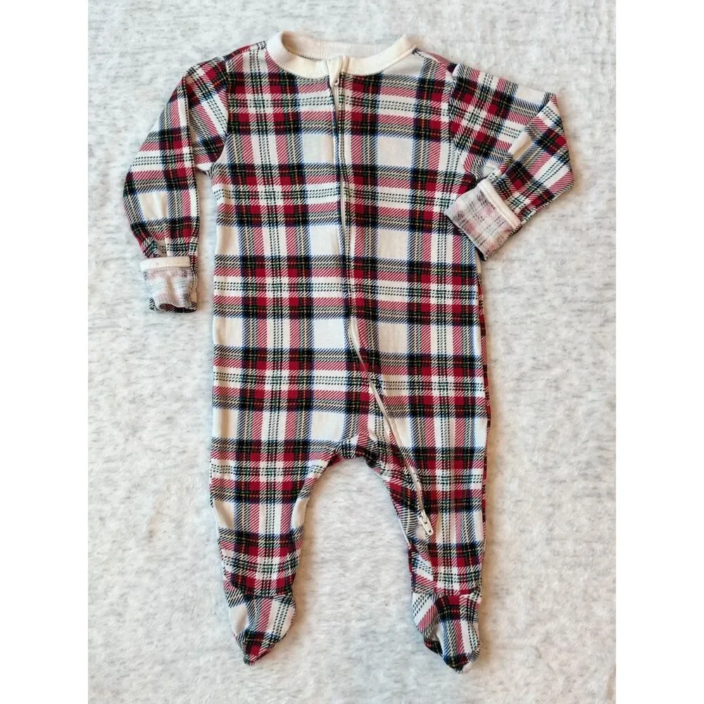 Old Navy Plaid Footed Sleeper 3-6M Red Cream Holiday Christmas 2-Way Zip Cotton
